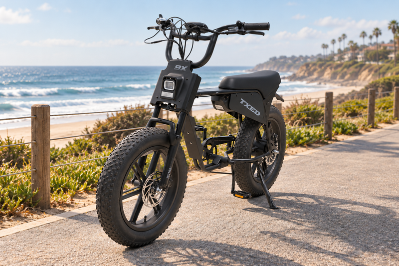 TXED Maverick parked on a paved coastal path beside the beach.