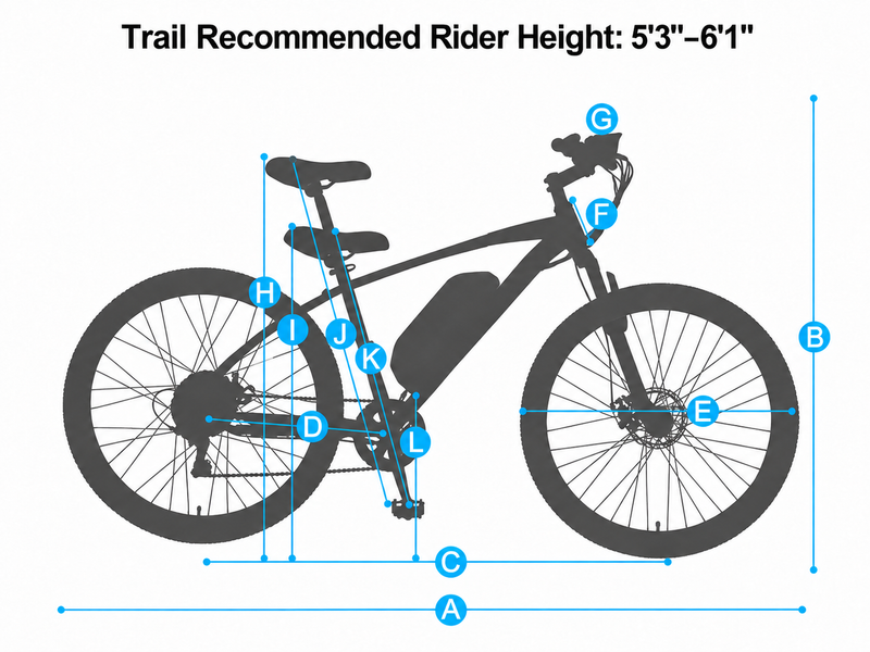 Trail geometry chart; recommended rider height 5 ft 3 in to 6 ft 1 in