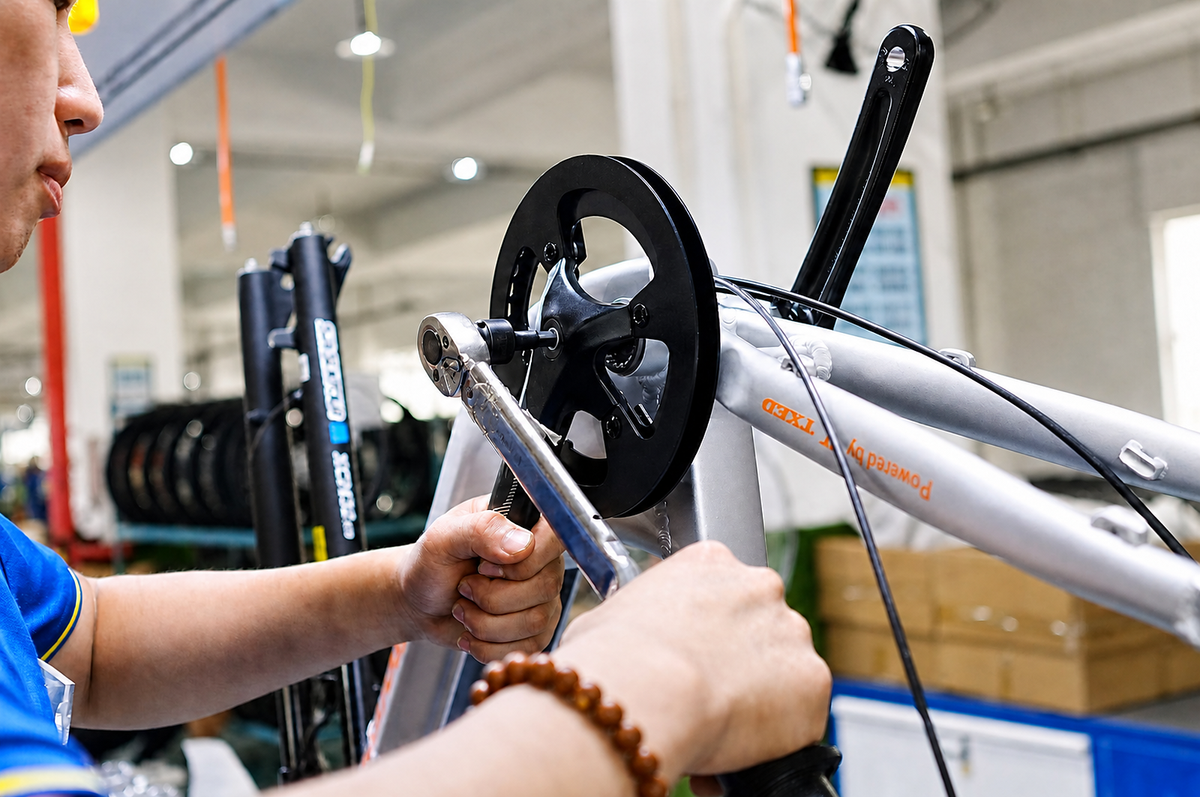 Close-up of an electric bike assembly process