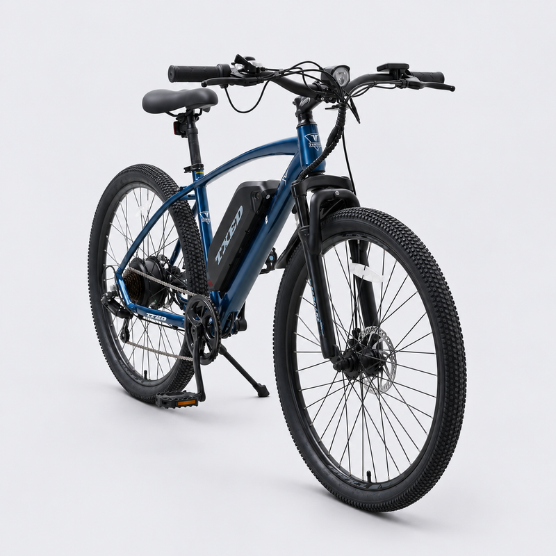 TXED Trail Blue electric bike, front three-quarter view