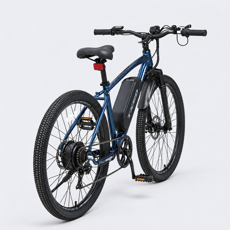 TXED Trail Blue electric bike, rear three-quarter view