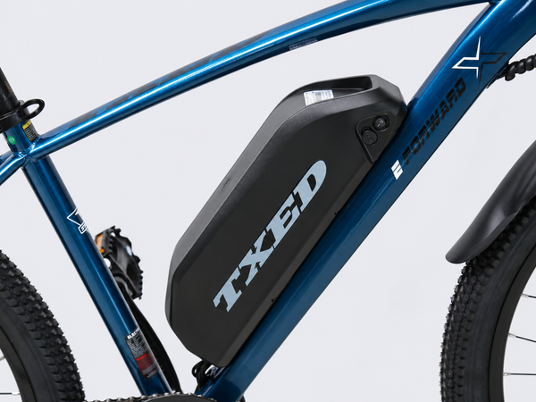 TXED Trail Blue 04 battery on light grey studio background