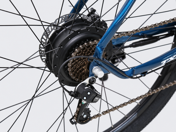 TXED Trail Blue 05 drivetrain on light grey studio background