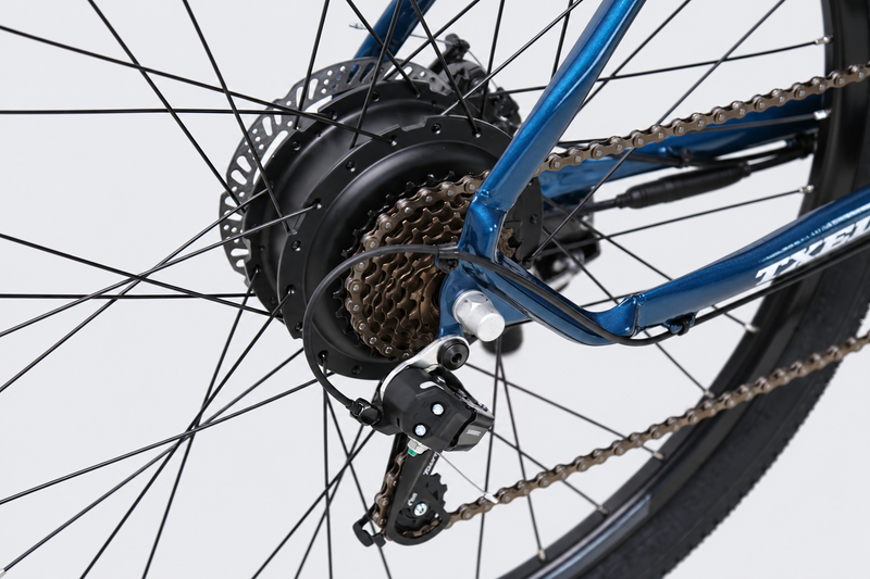 TXED Trail Blue 05 drivetrain on light grey studio background