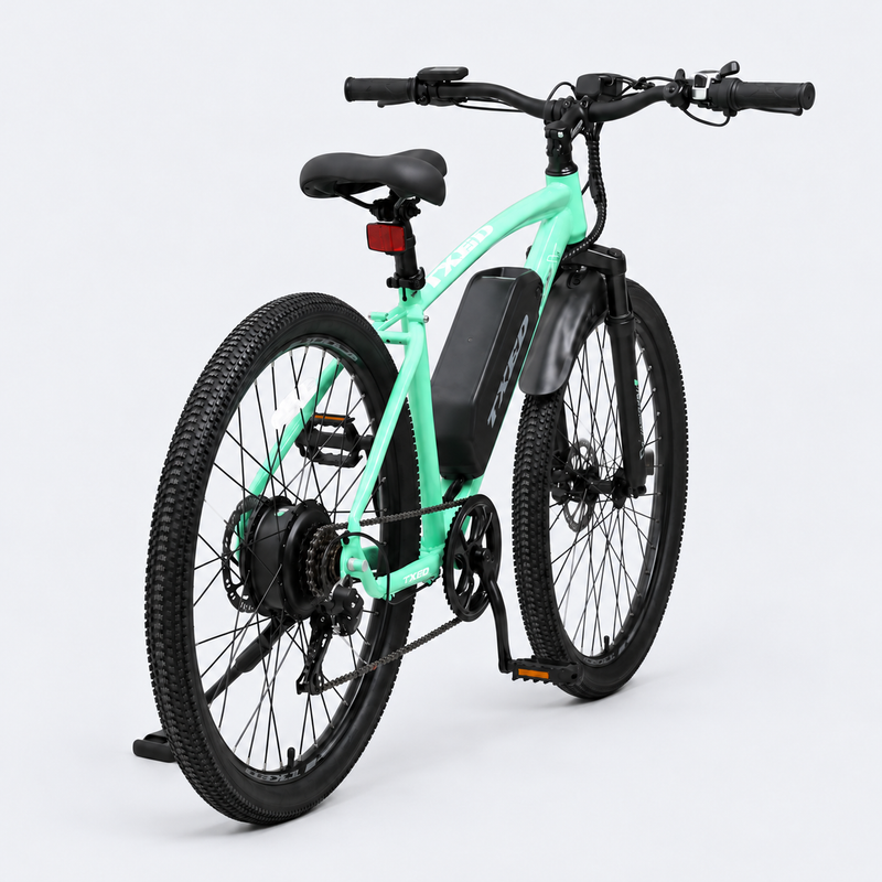 TXED Trail Mint Green electric bike, rear three-quarter view