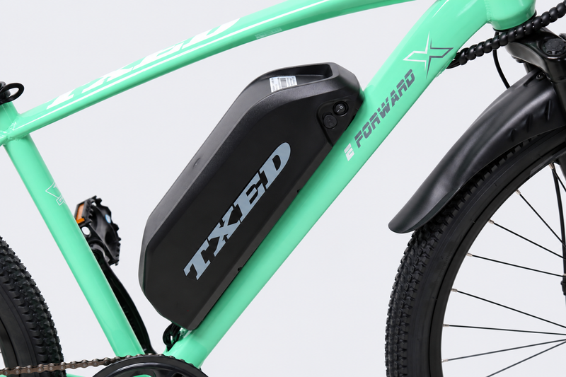 TXED Trail Mint Green 04 battery on light grey studio background