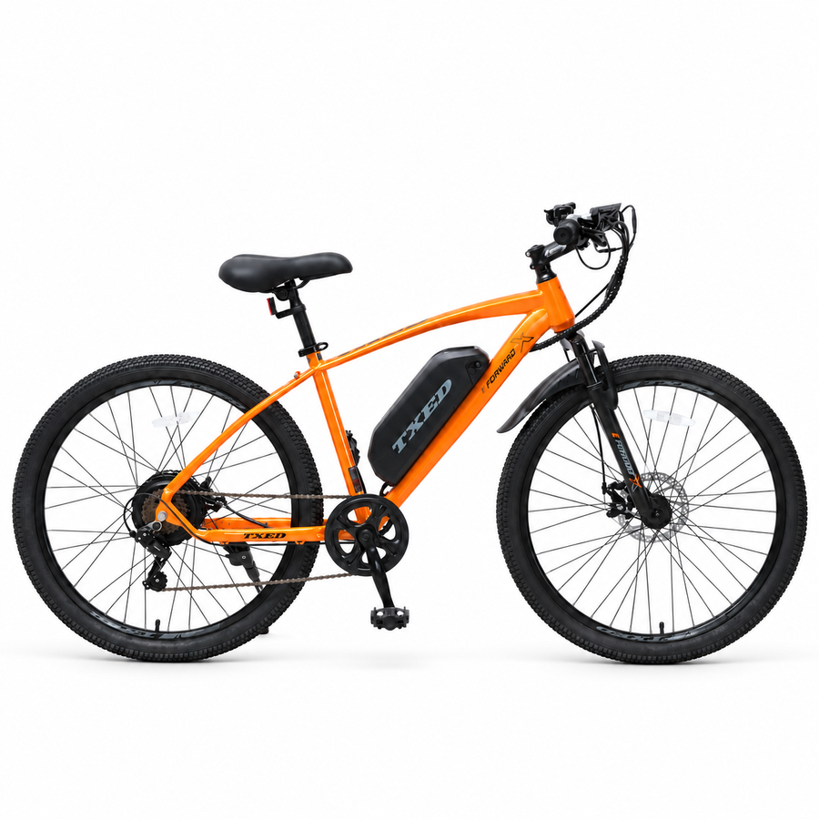 TXED Trail Orange electric bike, side profile on white background