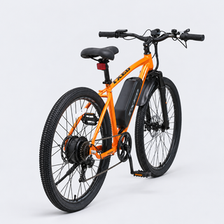 TXED Trail Orange electric bike, rear three-quarter view