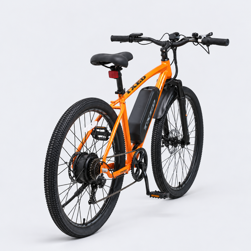 TXED Trail Orange electric bike, rear three-quarter view