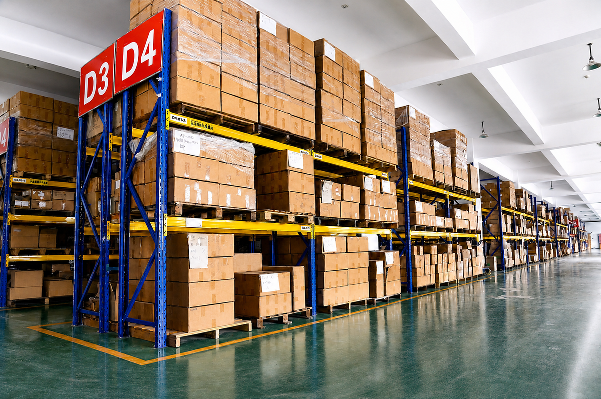 TXED electric bike inventory stored on warehouse racks