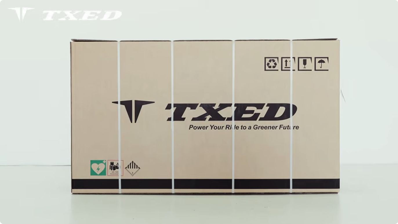 Maverick Moped-Style Fat Tire Electric Bike in its TXED shipping box